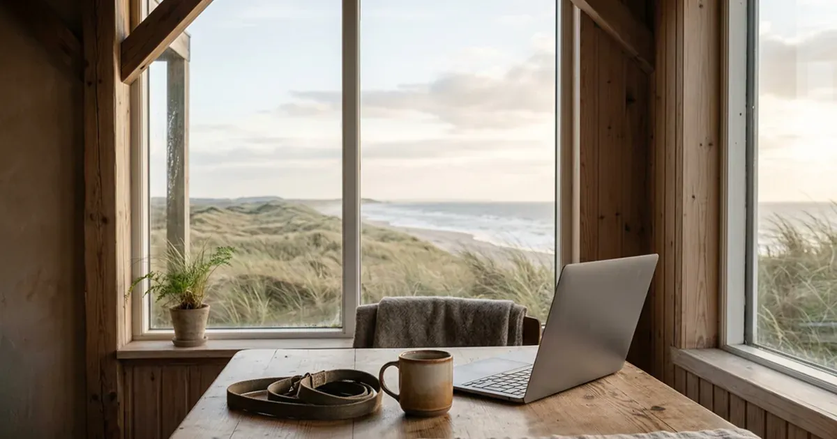 Sommerhus ved Vesterhavet: træbord med bærbar computer, kaffekop og hundesnor foran et vindue med udsigt over klitterne til stranden.